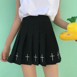 Dresses Black Skirt Women Crosses Emboridery High Waist Pleated Mini Dark Punk Egirl Goth Alt Aesthetic Outfit /