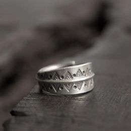 Band Rings Handmade Sterling Sliver Wide Ring for Men Women Open Resizable Indian Trace Retro Rustic Finger Accessories Jewellery 231218