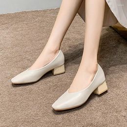 Dress Shoes Wooden Thick High Heels Women Office Loafers Mary Janes Square Toe Shallow Grandma Woman Slip On Wood Pumps