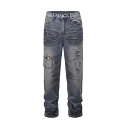 Men's Jeans Washed Hole Patchwork Frayed Blue Baggy Straight Y2k Ripped Pantalones Hombre Denim Pants Streetwear Loose Cargos