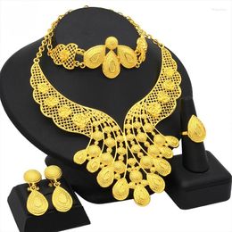 Necklace Earrings Set Dubai Gold Color Bridal Bracelet Rings Gifts Wedding Costume Jewellery For Women