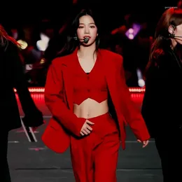 Women's Two Piece Pants Kpop Girl Group Jazz Dance Sexy Red Long Sleeve Blazers Jackets Slim Vest Crop Tops Loose Straight Wide Leg Women