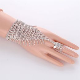 Slave Silver Hand Crystal Chain Ring Bridal Bracelet Bangle Rhinestone Hand Decoration Wedding Cuff Attached Ring Set Gold2377