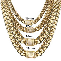 6-18mm Wide Stainless Steel Cuban Miami Chains Necklaces CZ Zircon Box Lock Big Heavy Gold Chain HipHop jewelry305e