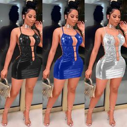 Dresses Echoine 2022 Spring Pu Faux Leather Stretch Solid Mini Dresses Woman Nightclub Halter Sexy Backless Straps Short Dress Thong