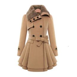 Womens Wool Blends Winter Slim Long Sherpa Coat Double Breasted Padded Korean Cashmere England Style Trench 231218