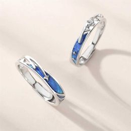 2Pcs Dainty Sea Blue Meteoric Star Lover Couple Rings Matching Set Promise Wedding Moon Star Ring Bands for Him and Her X0715272v