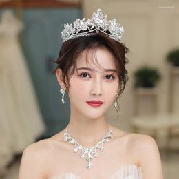 Necklace Earrings Set Wedding Accessories For Women Bridal Crystal Bride Headwear 3D Floral Crowns Tiara Water Drop Chocker Necklaces