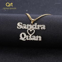 Pendant Necklaces Personalised Custom Iced Out Double Name Necklace Love Heart Choker Thick Chain Handwriting Nameplate Couple Jew2890