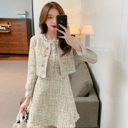 Two Piece Dress Runway Women's Clothes Small Fragrance Tassel Tweed Jacket Coat High Quality Mini Chic Slim Dress Two Pieces Set Suit 231218