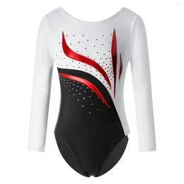 Stage Wear Girls Long Sleeve Colour Block Gymnastics Ballet Dance Leotard Kids One Piece Sequined Athletic Romper Bodysuit Tumbling Dancing