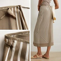 Skirts Hip Wrap Skirt For Women 2023 Spring Summer Silk Stripes High Waist Lace-up Casual Mid-calf Jupe