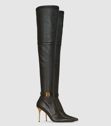 Elegant Winter Brand Bal Main Raven Women Tall Boots Pointed Toe High Heels B Gold-tone High Heels Over-the-knee Boot Party Dress Fashion Walking