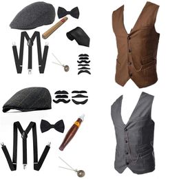 Vests Men's Gangster Costume And Accessories Set Steampunk WaistCoat Vest Pocket Watch 1920s Men Gatsby Cosplay Outfit