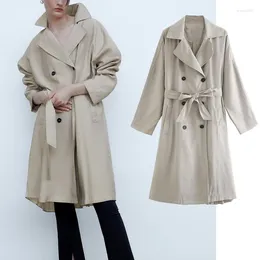 Women's Trench Coats 2023 Autumn Windbreaker Office Lady Women Coat Belt Waist Lapel Slim Double Breasted Long Streetwear