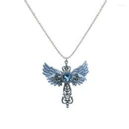 Pendant Necklaces 2024 Blue Angel Crossed Temperament Necklace Trend Light Luxury Women Sweater Chain Female Hip-hop Non-fading Jewelry