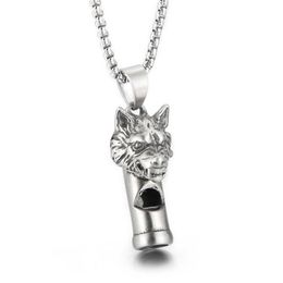 Gothic Wolf Head Whistle Necklace Pendant Casting Stainless Steel Rolo Chain Jewellery For Mens Boys Cool Gifts Silver Polished Blin254M