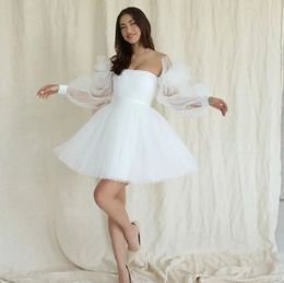 A-Linie Kurzes Hochzeitskleid 2024 Lange Puffärmel A-Linie Falten Tüll Mini Birde Partykleider Sommer Strand Vestidos De Novia Mairee