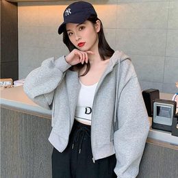 Women's Hoodies With Hat Women 3 Colours Solid Simple Cropped Zip-up Stylish Vintage Streetwear Leisure Est Clothing Ulzzang