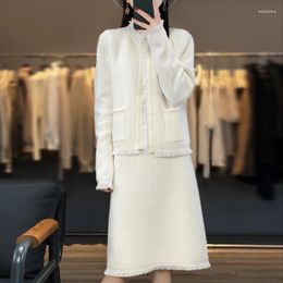 Work Dresses Cashmere Wool Women's Set Long Sleeve Knitted High Grade O-Neck Cardigan Sweater Fashion Dress Two Piece