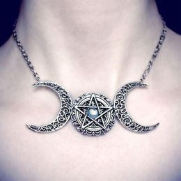 Women Crystal Triple Moon Necklace Goddess Pentacle Choker Pagan Jewellery Fashion Pentagram Pendant 2021New325V