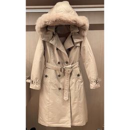 12.18 Vintage Fashion Fox Fur Collar Hooded Double Breasted With Belt Back Split Plaid Lining Casual Down Coat