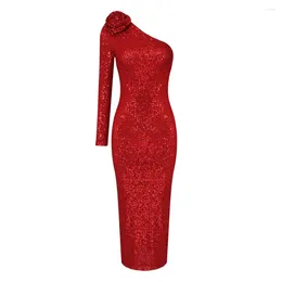 Casual Dresses Fashion Red Long Sleeve Sequins Women Dress Sexy One Shoulder 2023 Clothing Club Party Midi Bodycon