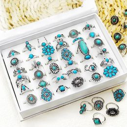 Band Rings 30Pcs Vintage Bohemian Flower Turquoise Rings for Women Ethnic Antique Silvery Teardrop Stone Ring Set Jewellery Party Gift 231218