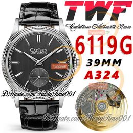 TWF Calatrava 6119G A324 Automatic Mens Watch 39mm Fluted Bezel Black Dial Stick Markers Stainless Steel Case Leather Strap Super Edition trustytime001Watches