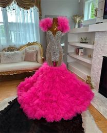 New Design 2024 Sparkly Diamonds Fuchsia Prom Dress Crystals Rhinestone Beading Ruffles Birthday Party Dress Evening Gown Custom