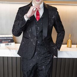 Cross Border Korean Version Dark Floral Suit Three Piece Set for Groom's Wedding Dress Host Stage Performance Suit Set for Men