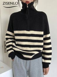 Women's Sweaters Soft Lazy Wind Zipper Striped Sweater With High Collar Knit Pullover Women Oversized Long Sleeve Top Jumper