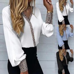 Women's Blouses Fashion Shirt Office Casual Top Leopard Stitching Long Sleeve V-Neck Shirts Tunic Blusas Roupas Feminina