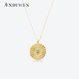 Chokers ANDYWEN 925 Sterling Silver Gold Umbrella Coins Milk Turquoise Coins Pendant Long Chain Women Fashion Large Thick Jewellery 231218