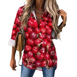 Women's Blouses Red Cherries Print Blouse Sweet Fruit Office Design Casual Women Basic Shirt Spring Long-Sleeve Oversized Top