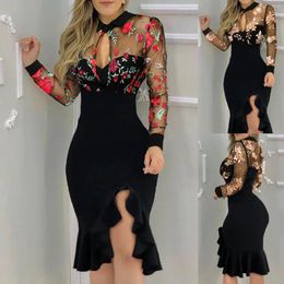 Casual Dresses Women Slit Ruffles Hem Floral Pattern Slimming Lace Long Sleeve Dress Above Knee Mini Sukienka Sheath Sexy Elegant Vestidos