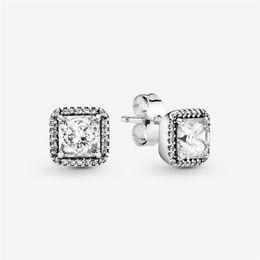 Authentic 100% 925 Sterling Silver Square Sparkle Halo Stud Earrings Fashion Wedding Engagement Jewellery Accessories For Women Gift259z