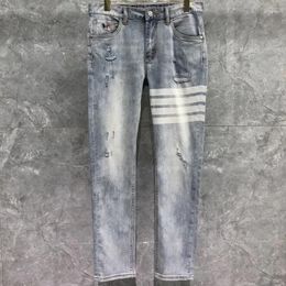 Men's Jeans Fashion Men Four Seasons 4-bar Striped Hole Design Straight Regular Stretch Denim Trousers
