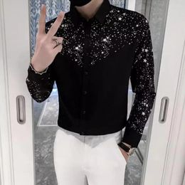 Men's Casual Shirts Single-breasted Lapel Shirt Sequin Star Patchwork Cardigan Slim Fit Long Sleeve With Turn-down Collar For Stylish