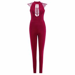 Rompers Wine red Color Ladies HL Bandage Jumpsuits Sexy Hollow Out Bodycon Jumpsuits Celebrity Wear Top Quality