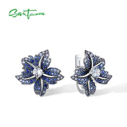 Stud SANTUZZA 925 Sterling Silver Earrings For Women Sparkling Blue Spinel And CZ Lily Flower Latch Back Earrings Luxury Fine Jewelry