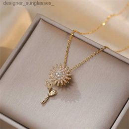 Pendant Necklaces Rotate Decompress Zircon Sunflower Pendant Necklace For Women Gold Colour Flower Choker Fashion Party Jewellery Birtay GiftsL231218