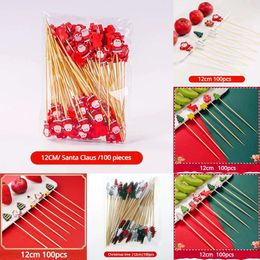 New Christmas Toy Supplies 100 pcs Christmas Cocktail Picks Assorted Handmade Fruits Bamboo Toothpicks for Drink Fruit Dessert Food Appetiser Decorations