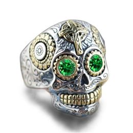 925 Silver Two-tone 18K Gold Emerald Rings Vintage Engraving Cross Skull Ghost Head Ring Men's Punk Jewelry290C