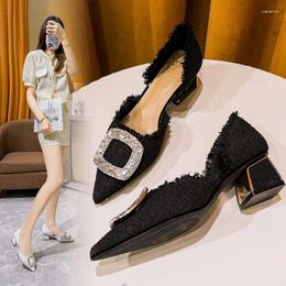 Dress Shoes Poined Toe Rhinestone Buckle Pumps Women Weaving Fabric D'orsay Med-high Heel Metal Decoration Chunky Heeled OL 2023