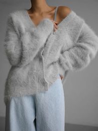 Women s Jackets Elegant V Neck Mohair Soft Cardigan Women Loose Solid Long Sleeve Warm Plush Sweater Coat Lady Winter Chic Female Knitwear 231218