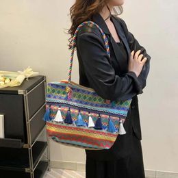 Evening Bags Female Embroidery Stripe Ethnic Style Shoulder Bag Tassel Canvas Tote Handbag Shopping Travel Storage