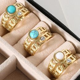 Cluster Rings Boho Zircon Turquoise Stone Belt Chain For Women Aesthetic Stainless Steel Ring Adjustable Open Finger Jewellery Gifts