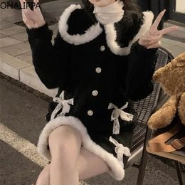 Two Piece Dress Onalippa Furry 2 Sets Outfits Contrast Peter Pan Collar Loose Coat French Style Elastic High Waist Mini Skirt 231218