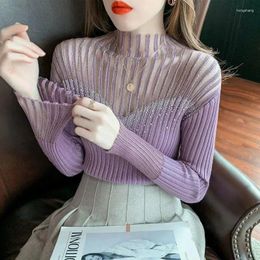 Women's Sweaters WDMSNA Half High Collar Mesh Lace Sweater Bottom Top For Women Autumn Long Sleeve Jumpers Diamond Hollow Out Slim Knit